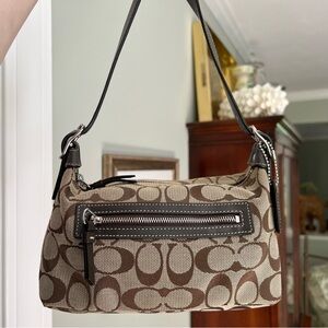 2000s Coach Signature Logo Jaquard and Leather Mini Handbag